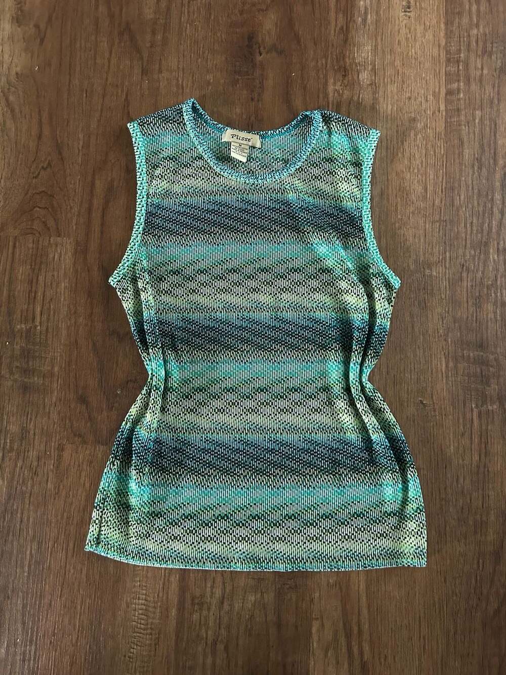 Vintage Y2K Plisse Tank Top Blue Green Chevron Knit